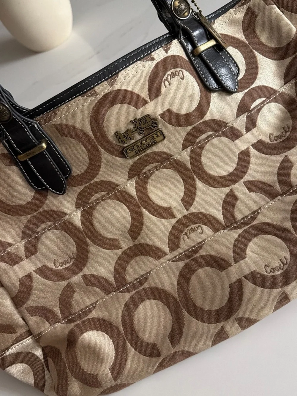 Coach Beige and Brown Signature Chain-Handle Tote